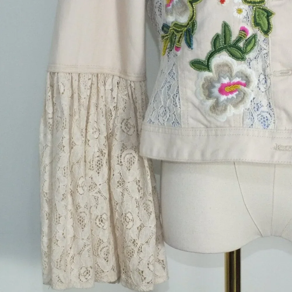 Vintage Boston Proper Small Beaded Floral Embroidered Denim Jacket Lace Cuffs - Picture 3 of 15